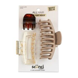 Scunci Plastic Claw Clips in Assorted Shapes and Sizes, Neutral Colors, 3 Ct x3